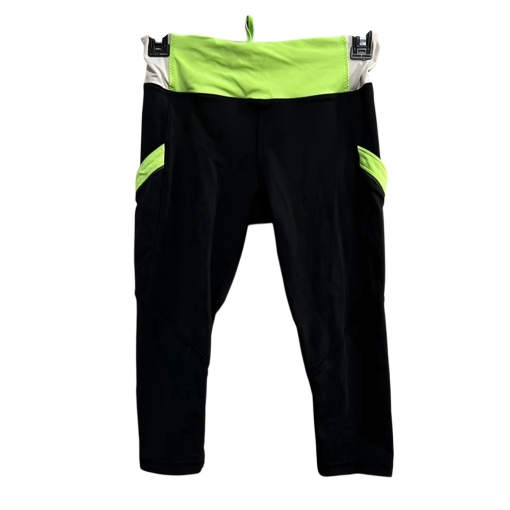 Lululemon Neon Green Black Knee Length Crop Running Leggings Pants Size 4